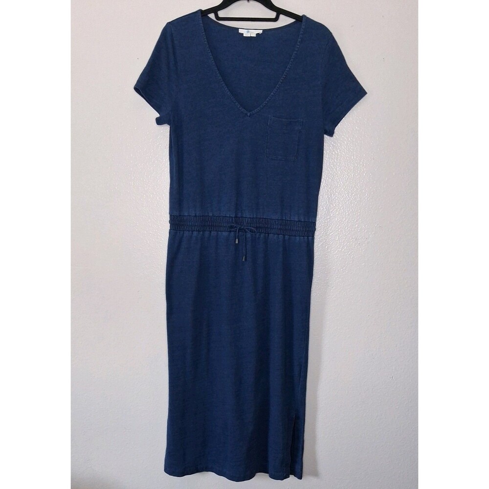Boden Denim Chambray Midi Dress Cinch Tie Waist Slit Side US 8R